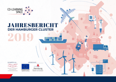 Eine grafische Darstellung eines Jahresberichts für die Hamburger Cluster von 2019. Die Grafik zeigt Flugzeuge, Schiffe, Windkraftanlagen und Personen, die digitale Technologien nutzen. Elemente repräsentieren verschiedene Wirtschaftssektoren und innovative Ansätze in Hamburg.
