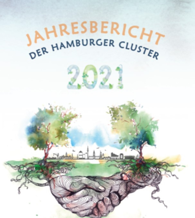 Illustration für den Jahresbericht 2021 des Hamburger Clusters. Die Grafik zeigt eine Hand, die eine Landschaft mit Bäumen und einer Stadtsilhouette hält. Der Titel "JAHRESBERICHT DER HAMBURGER CLUSTER" steht oben in bunten Buchstaben.