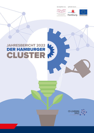 Ein Jahresbericht mit dem Titel "Jahresbericht 2022 der Hamburger Cluster". Das Cover zeigt eine Glühbirne, die durch eine Pflanze symbolisiert wird, sowie ein Zahnrad und eine Gießkanne, die Wachstum und Entwicklung darstellen. Grafische Elemente vermitteln Vernetzung und Zusammenarbeit.