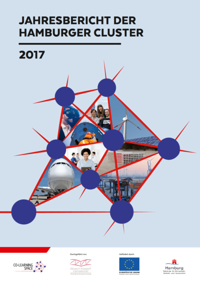 Ein Jahresbericht für 2017 über die Hamburger Cluster, dargestellt auf einem grafischen Hintergrund mit Knotenpunkten. Im Hintergrund sind verschiedene Bilder von Menschen, Industrie und windkrafttechnologischen Anlagen zu sehen, die die verschiedenen Clusterthemen repräsentieren.
