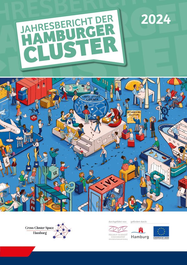 Cover · Jahresbericht der Hamburger Cluster 2024 Ein bunter Jahresbericht 2024 der Hamburger Cluster zeigt eine Illustrationsszene mit Menschen, die an verschiedenen Aktivitäten teilnehmen, darunter virtuelle Realität und Live-Events, umgeben von einem urbanen Umfeld mit Lastwagen und verschiedenen Ständen.