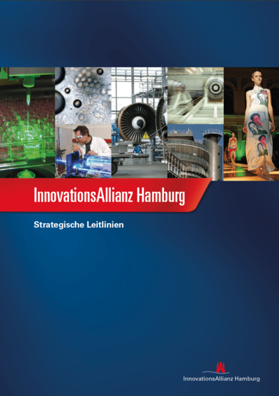 Ein Cover für die InnovationsAllianz Hamburg mit dem Titel „Strategische Leitlinien“. Der Hintergrund zeigt verschiedene Bilder von Technologien, Forschung und kreativen Projekten, die die Innovationskraft der Stadt symbolisieren. Das Design ist modern und professionell.