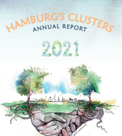 Cover des Jahresberichts 2021 über Hamburgs Cluster. Oben der Titel in orange, darunter eine Illustration von Bäumen und einer Stadtlandlandschaft, die auf einem stilisierten Wurzelnetzwerk basiert.