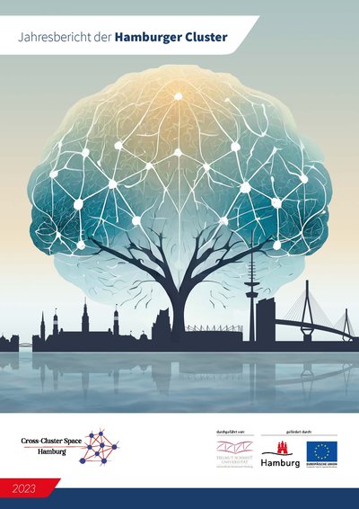Ein grafisches Bild zeigt einen stilisierten Baum, dessen Äste mit Netzwerkverbindungen versehen sind. Im Hintergrund sind Silhouetten von Hamburger Wahrzeichen wie Brücken und Gebäuden zu sehen. Oben steht der Titel "Jahresbericht der Hamburger Cluster".